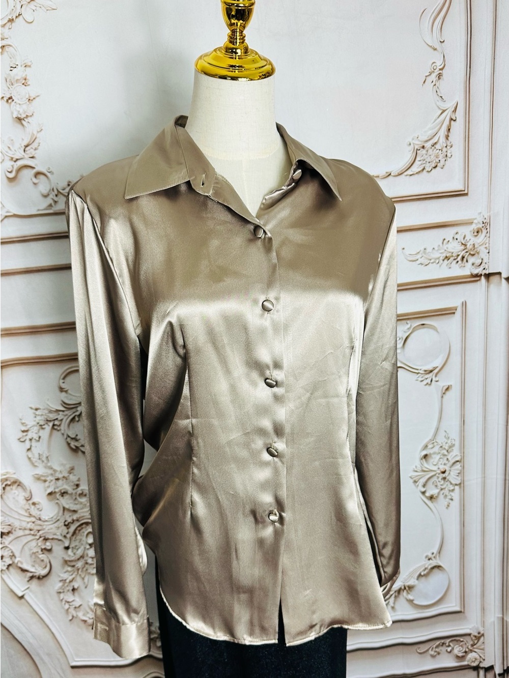 Satin Button-Down Blouse - Taupe - Picture 4 of 11